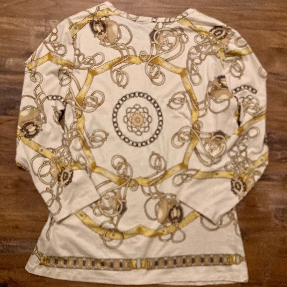 J. McLaughlin Cream & Gold SILK 3/4 Sleeve Chain & Medallion Equestrian Top - Picture 11 of 11